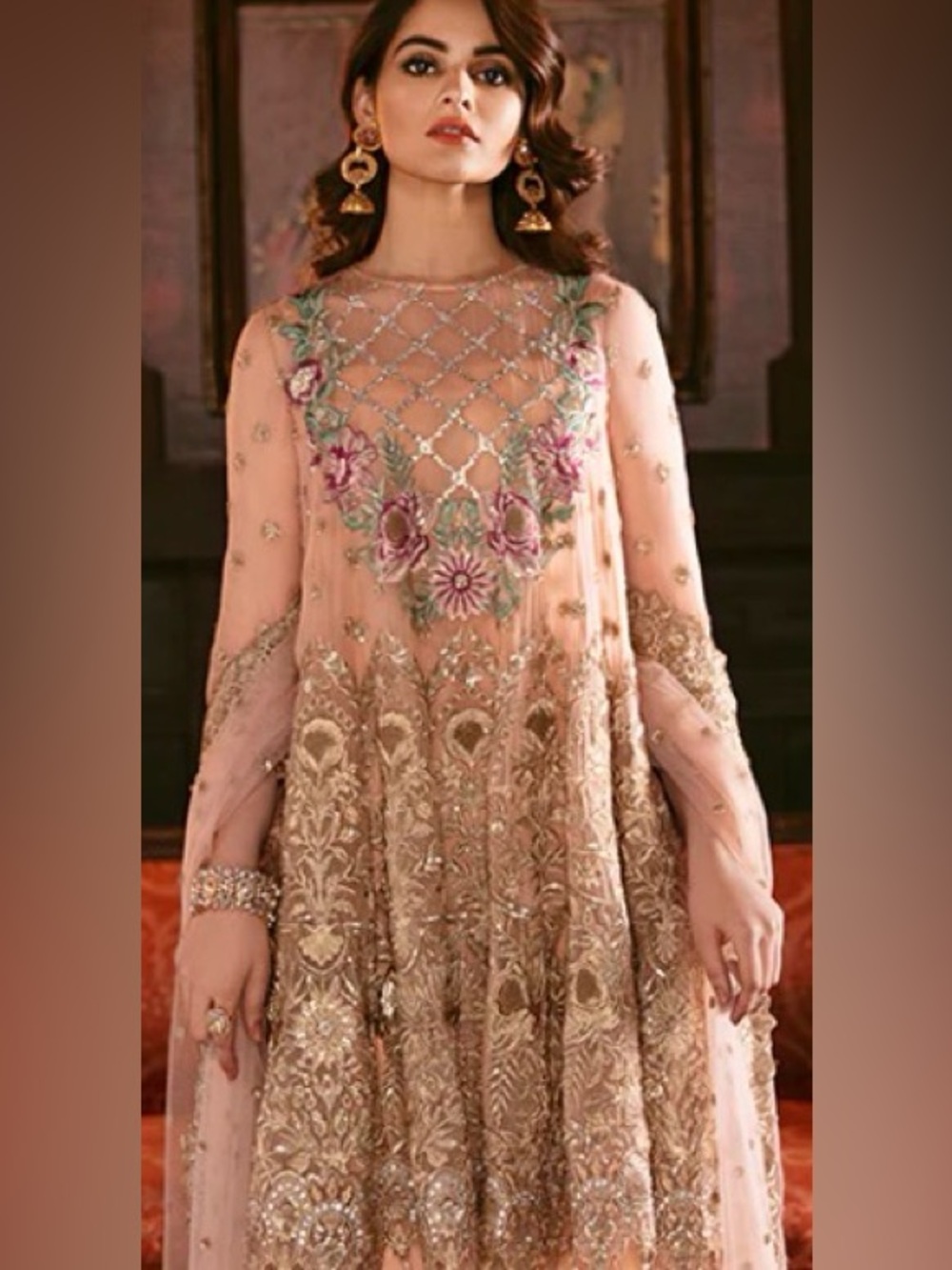 Peach Embroidered Long-Sleeve  floral chiffon 2 pieces wide long Duppatta
